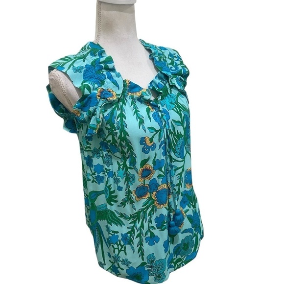 Figue Gianna drawstring ruffle top blouse self tie tassel floral turquoise sz xs - Picture 4 of 14